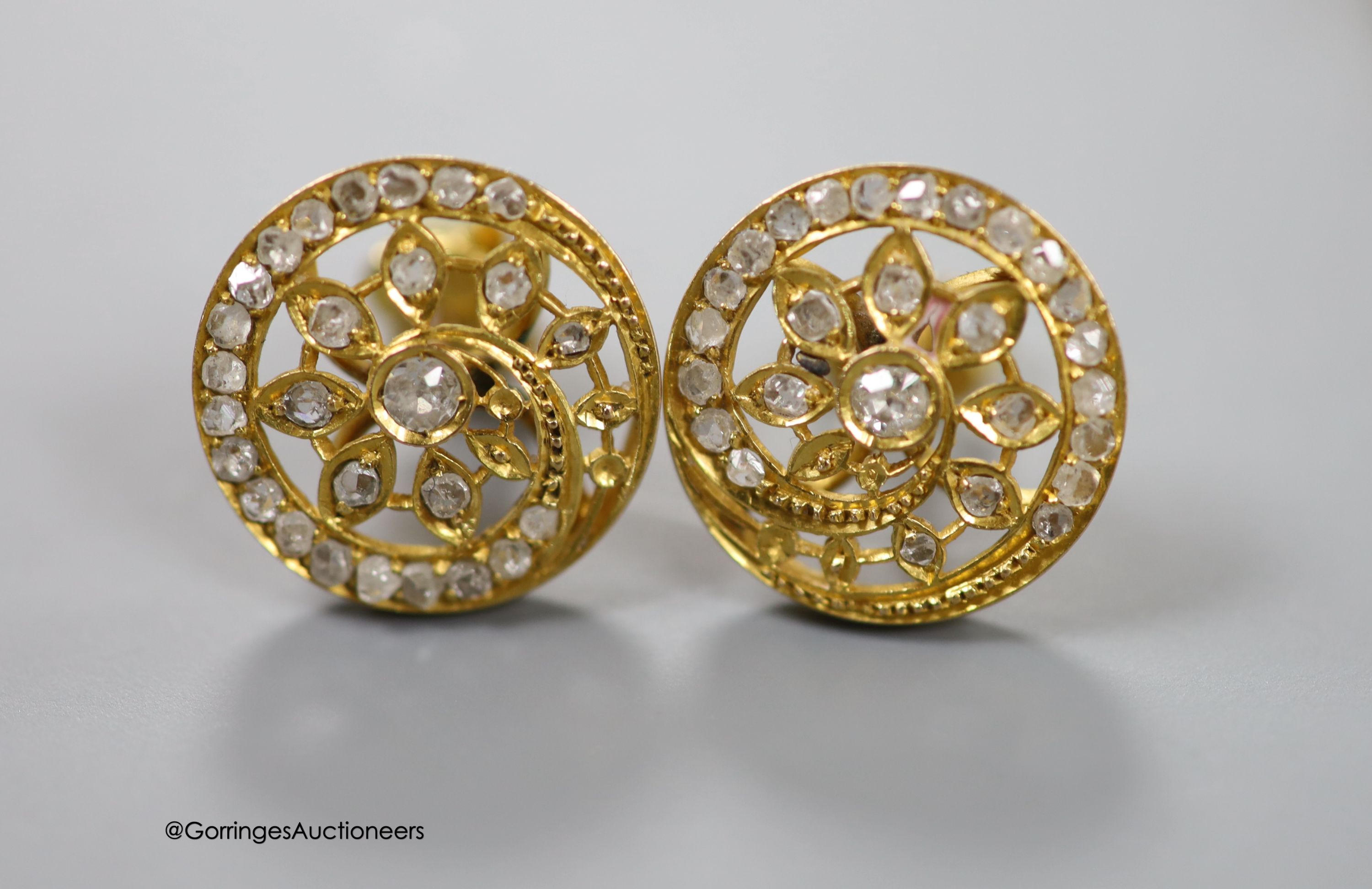 A pair of 9ct, sapphire and diamond set oval earrings (no butterflies), a pair of yellow metal and diamond set earrings(adapted), one other pair, a modern 9ct mounted oval cameo shell brooch and a 9ct gold and CZ ring